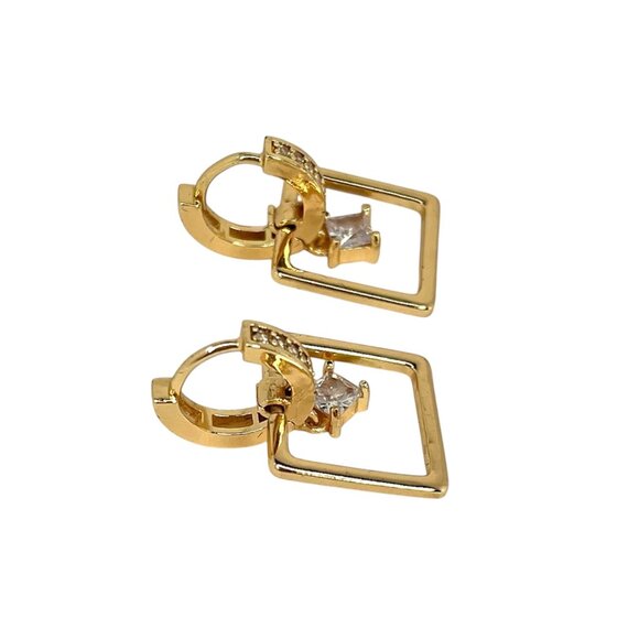 Gold-toned Drop Earrings White Stones Crystal Geometric Dangle Design Statement - Picture 4 of 5